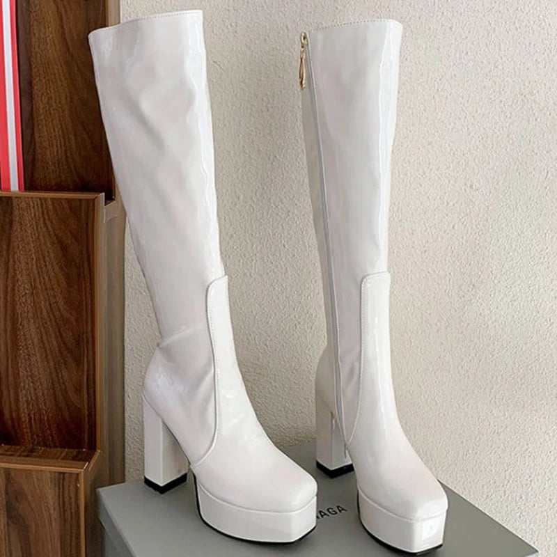 SIMLOVEYO Platform Knee High Boots Toe Block Heels Rubber Size 34-43 Black White Blue S2729 NovaCart