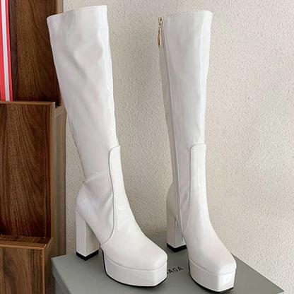 SIMLOVEYO Platform Knee High Boots Toe Block Heels Rubber Size 34-43 Black White Blue S2729 NovaCart