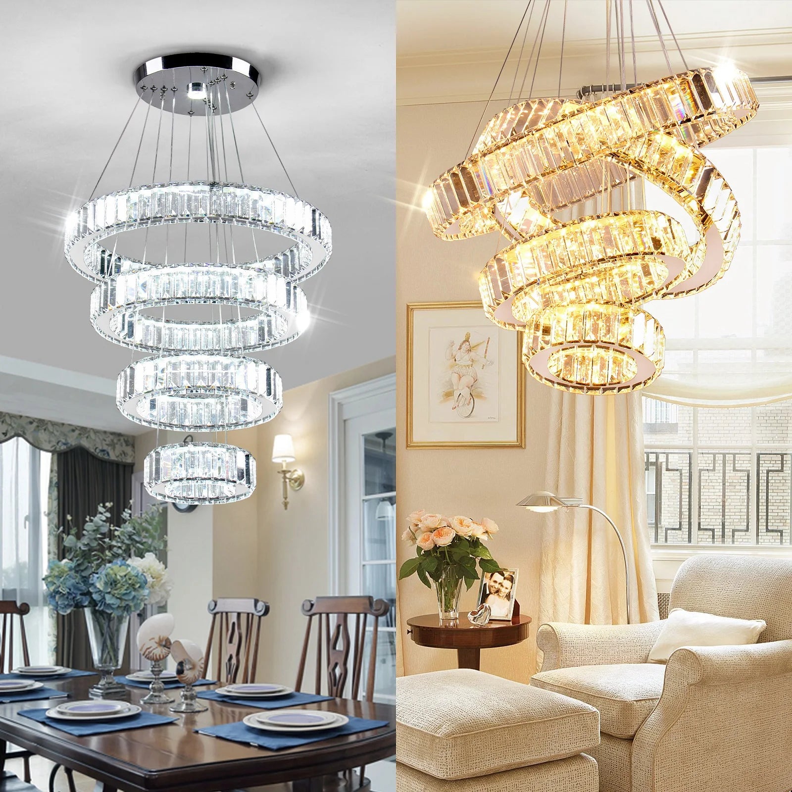 Dimmable with Remote LED Ceiling Light Fixture Modern Luxury 4-Ring Crystal Chandelier for Living Room Home Decor NovaCart