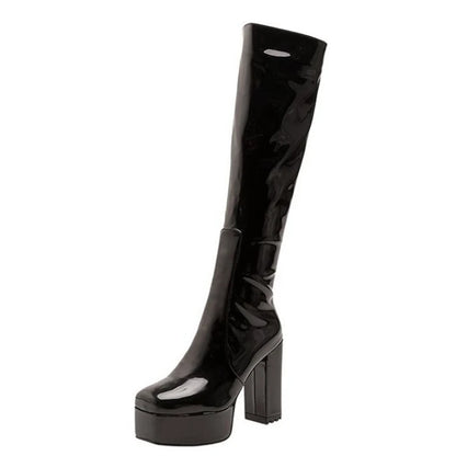 SIMLOVEYO Platform Knee High Boots Toe Block Heels Rubber Size 34-43 Black White Blue S2729 NovaCart