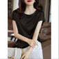 Silk Thin Short Sleeve Tees Style Slip Woman Summer Clothes Brown Tops Solid Loose Casual