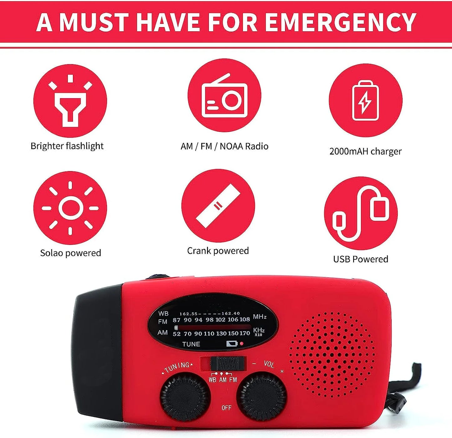 Emergency Solar Hand Crank AM/FM NOAA Radio/Flashlight/Cell Phone Charger/300-1000amh Battery/original Designer & Manufacturer NovaCart