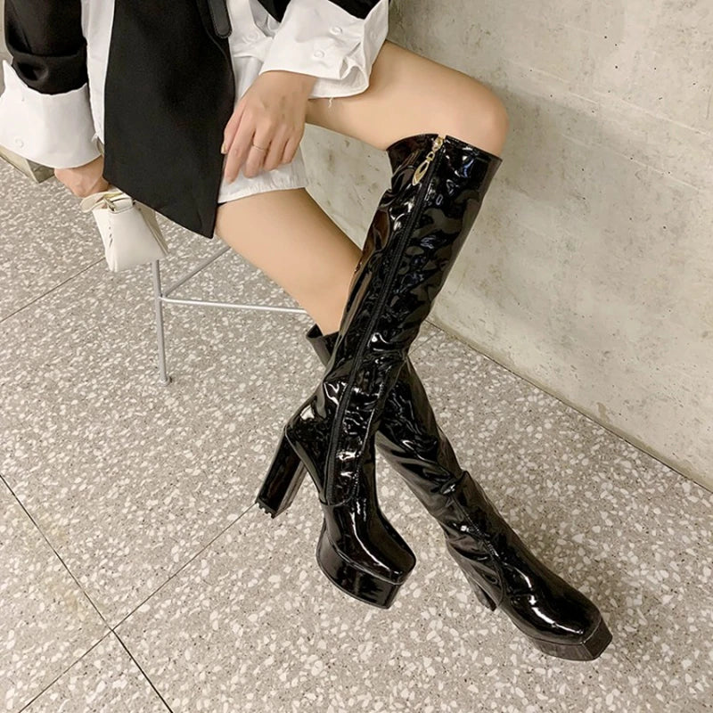 SIMLOVEYO Platform Knee High Boots Toe Block Heels Rubber Size 34-43 Black White Blue S2729 NovaCart