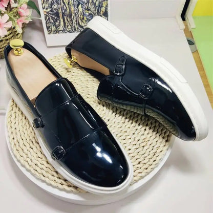 Double Strap Monk Wedding Shoes Comfortable White Black Color Durable Patent Leather Shoes for Men NovaCart