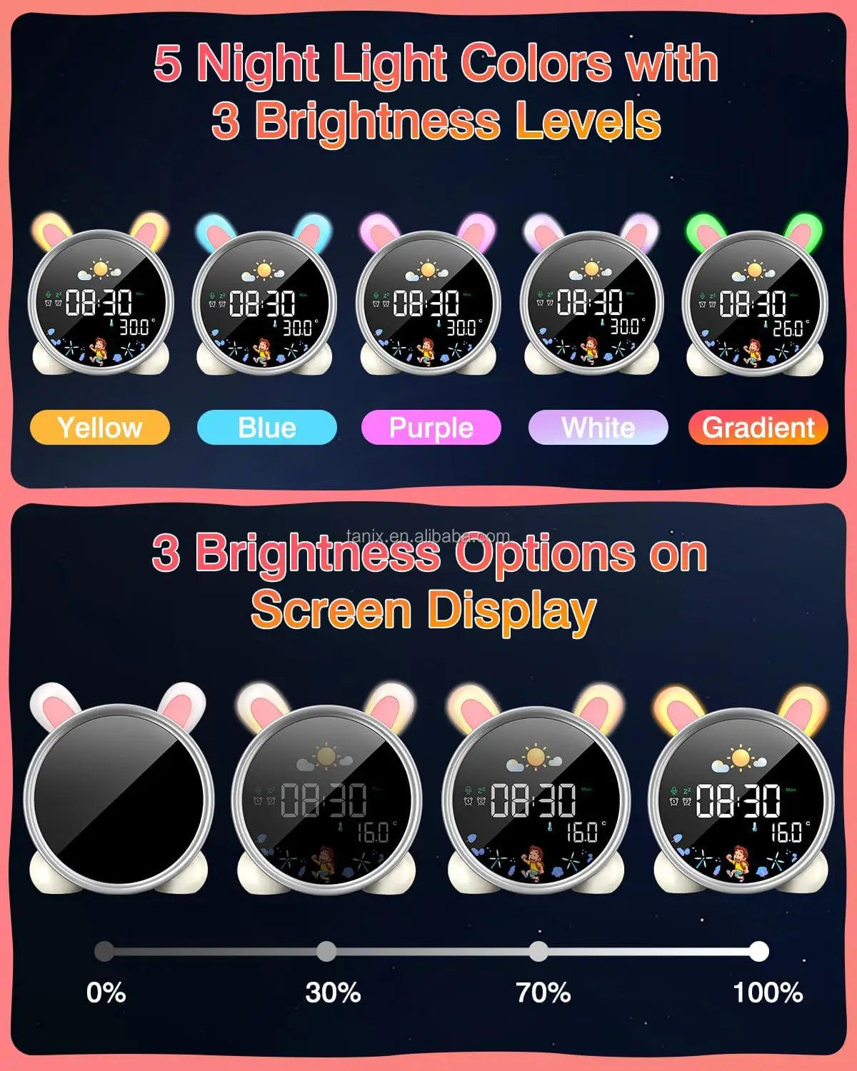 Wholesale Modern Plastic Digital LED Desk Clocks with Night Light Sleep Trainer Calendars 7-color Lights for Kids NovaCart