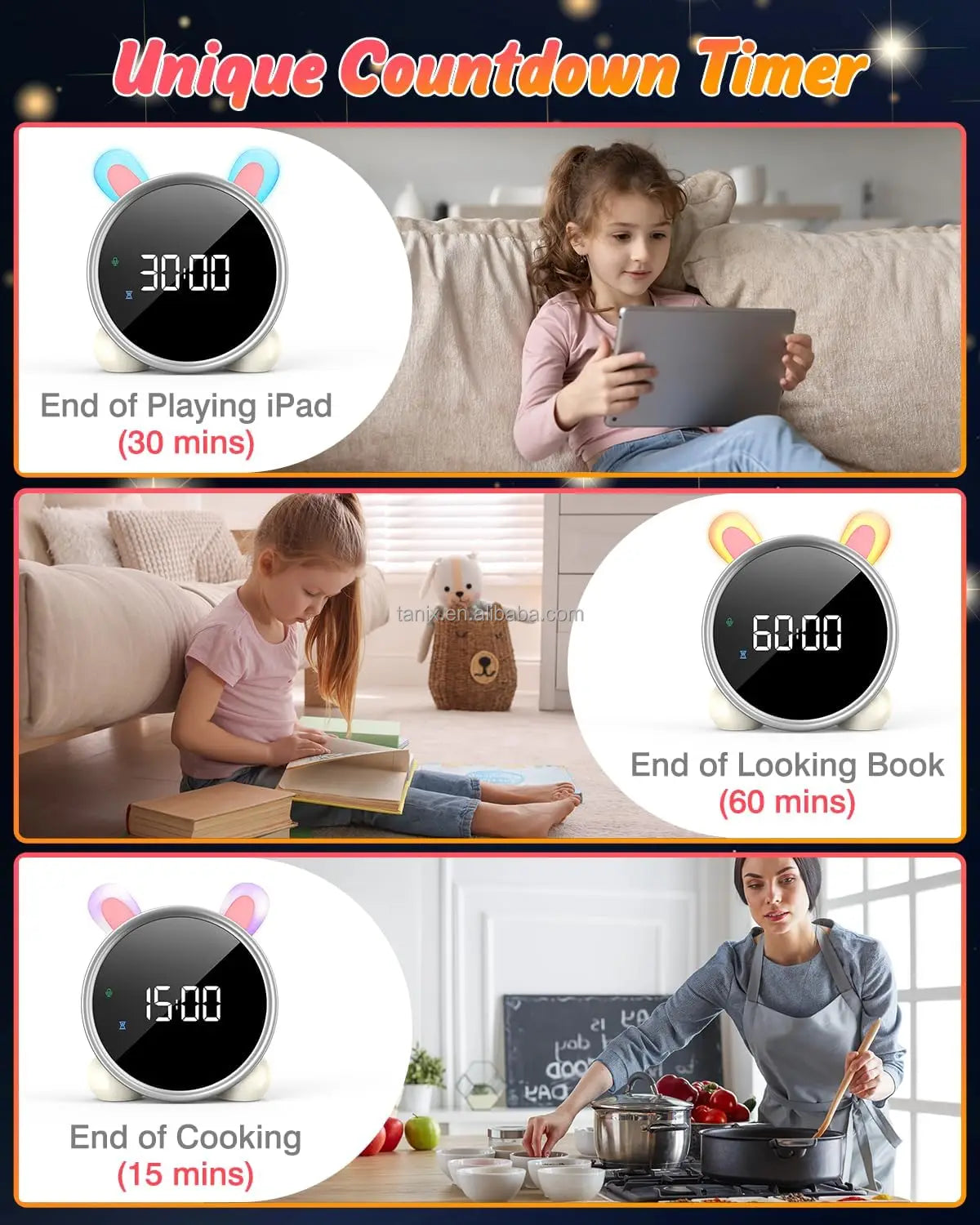 Wholesale Modern Plastic Digital LED Desk Clocks with Night Light Sleep Trainer Calendars 7-color Lights for Kids NovaCart