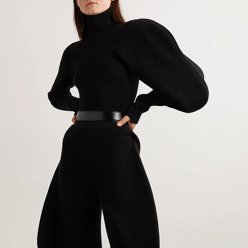 2023 Women's Casual Knitted Sweater Turtleneck with Lantern Sleeves Slimming Design for Autumn Season Front Logo NovaCart