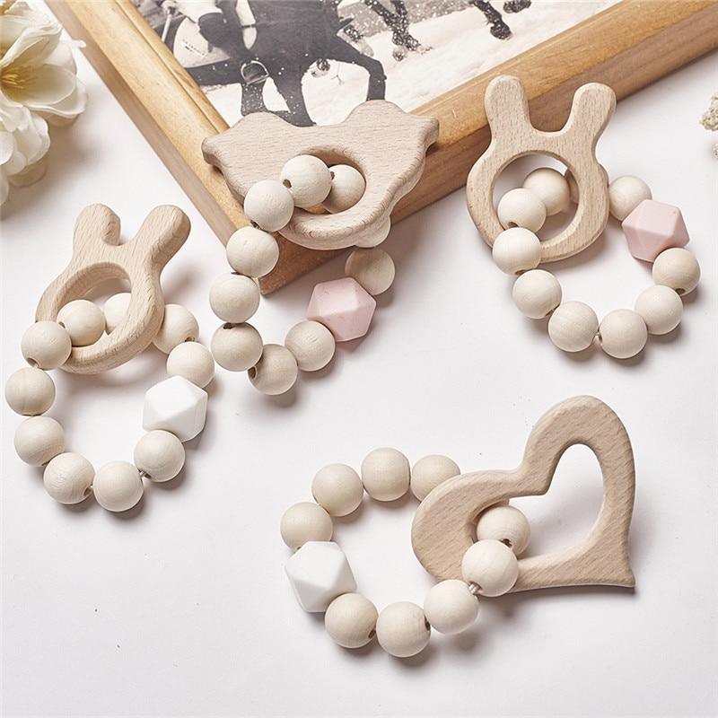 Modern Baby Silicone Wooden  Nursing Bracelets Wood Teether Silicone Beads Teething Wood Rattles Toys for Baby Stevvex