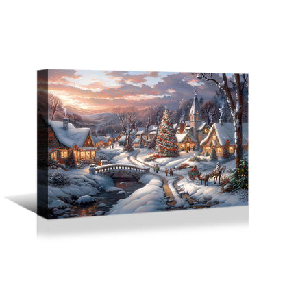 Winter Christmas Scene Canvas Print: Magical Snowy Village & Tree, Unique Wall Art Perfect for Home Hanging Printing Decoration NovaCart