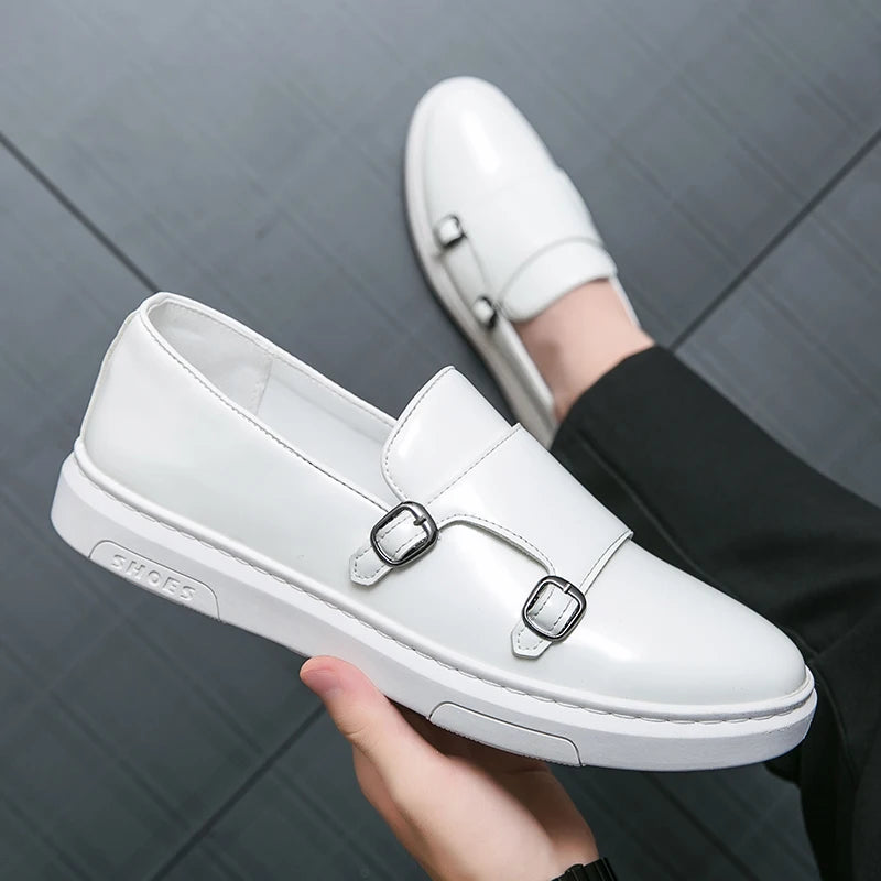 Double Strap Monk Wedding Shoes Comfortable White Black Color Durable Patent Leather Shoes for Men NovaCart