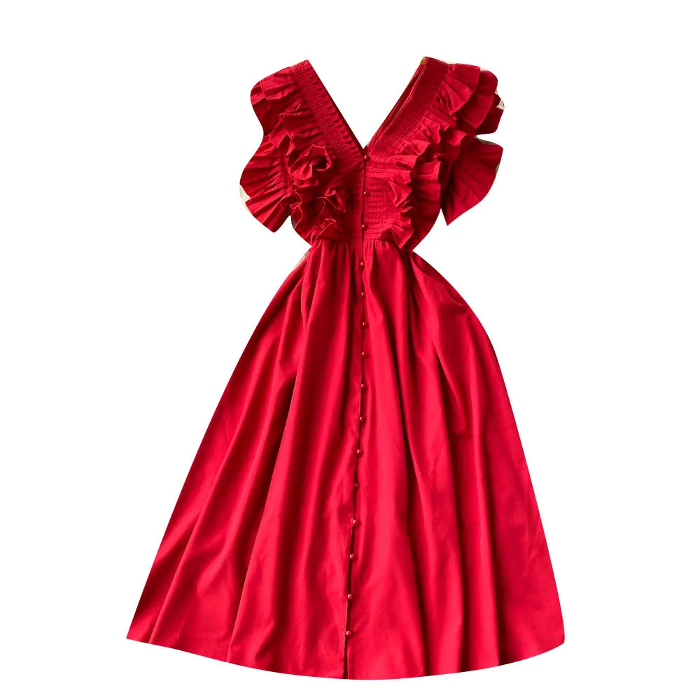 Short Sleeve V-neck Solid A-Line Dress Summer Ruffles High Waist Maxi Dress Ladies Elegant Dresses Clothes Women Wholesale NovaCart