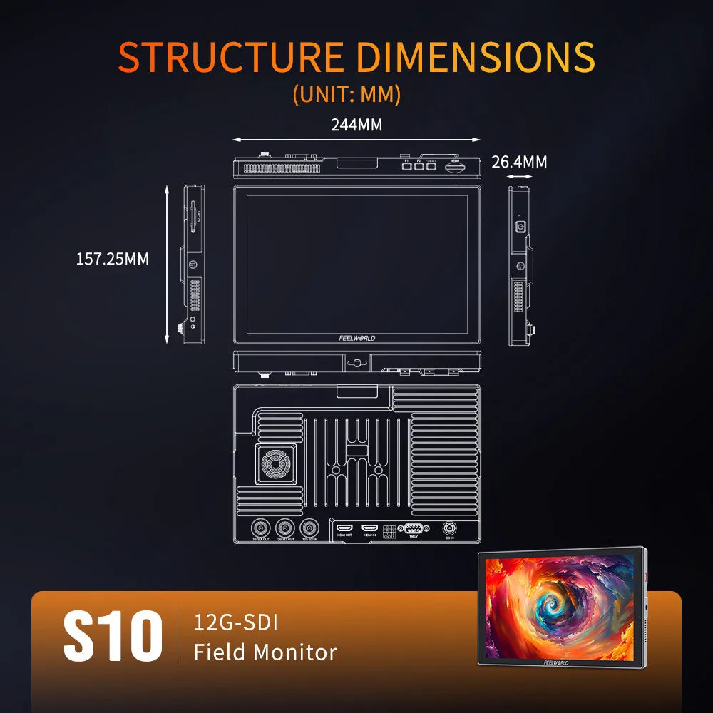 FEELWORLD S10 10.1 Inch 1200nit 12G-SDI HDMI 2.0 Camera Field Monitor, 4K HDR Touchscreen, OEM/ODM, Factory Direct, Bulk Order NovaCart