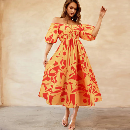 Sexy off Shoulder Bubble Sleeves Printed Maxi Dress Bohemian Dress