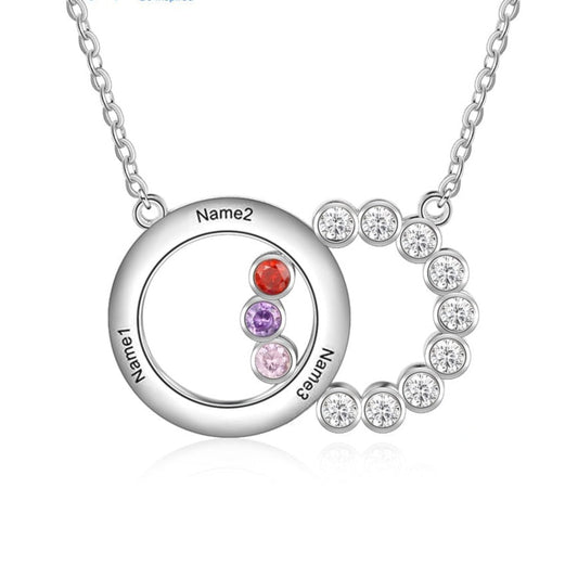 Personalized Name Interlocking Circle Pendants Custom 3 Birthstones Necklaces
