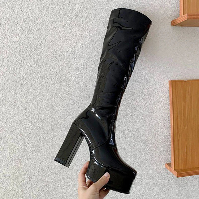 SIMLOVEYO Platform Knee High Boots Toe Block Heels Rubber Size 34-43 Black White Blue S2729 NovaCart