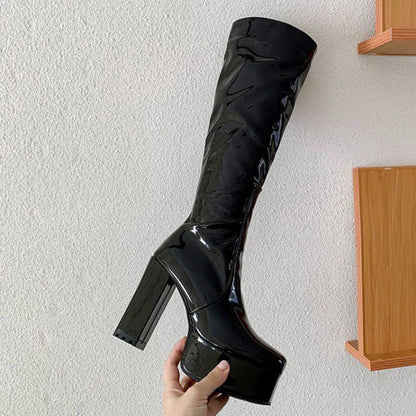 SIMLOVEYO Platform Knee High Boots Toe Block Heels Rubber Size 34-43 Black White Blue S2729 NovaCart