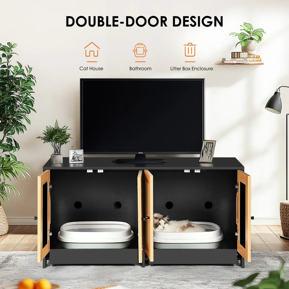 Double Litter Box Enclosure,Cat Litter Box Enclosure for 2 Cats,  47" L X 19.8" W X 21.8" H,Black NovaCart