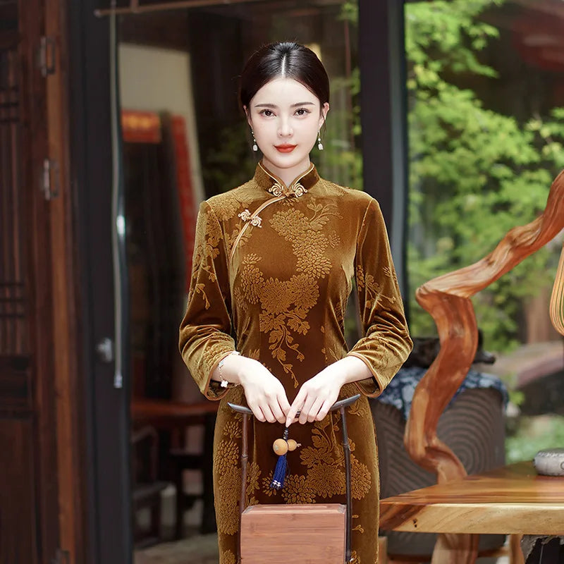 202 National Style Slimming Long Nine-minute Sleeve Wedding Mother Show Wholesale New Velvet Jacquard Cheongpao NovaCart