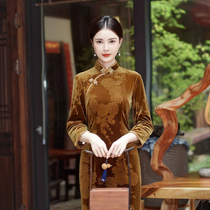202 National Style Slimming Long Nine-minute Sleeve Wedding Mother Show Wholesale New Velvet Jacquard Cheongpao NovaCart
