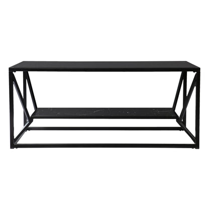 HMS 42\" Tea Table Black Glass Faux Marble Metal Traditional Scandinavian Chinese Style Featuring Sintered Stone Material Shelf NovaCart