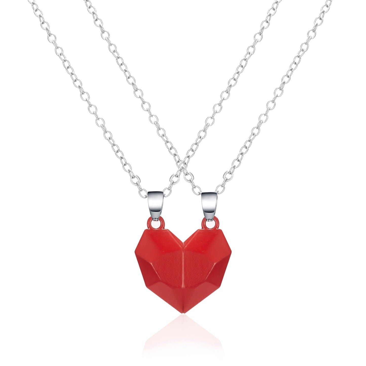 2Pcs Punk Heart Pendant Couple Necklace Lover Distance Faceted Magnetic Necklace