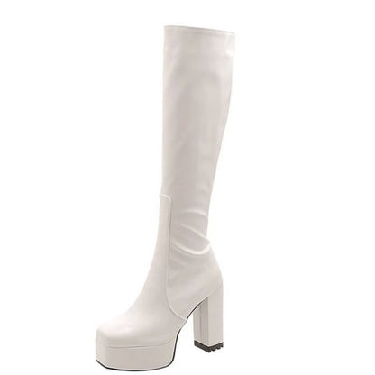 SIMLOVEYO Platform Knee High Boots Toe Block Heels Rubber Size 34-43 Black White Blue S2729 NovaCart