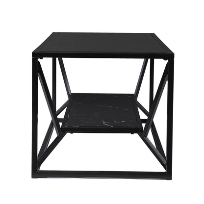 HMS 42\" Tea Table Black Glass Faux Marble Metal Traditional Scandinavian Chinese Style Featuring Sintered Stone Material Shelf NovaCart