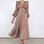 Single Breasted Dress High Waist Satin Long Dress V Neck Women Midi Dresses Lantern Sleeve