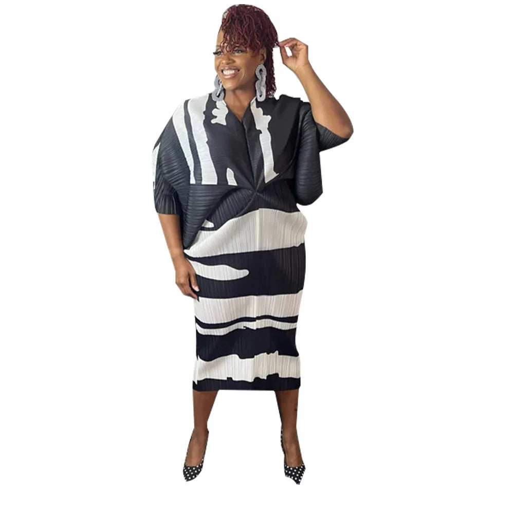 Hot Selling V-neck Bat Sleeve Printed Pleated Dress Stretch Fabric Dresses
