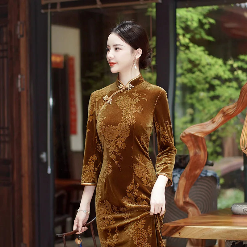 202 National Style Slimming Long Nine-minute Sleeve Wedding Mother Show Wholesale New Velvet Jacquard Cheongpao NovaCart