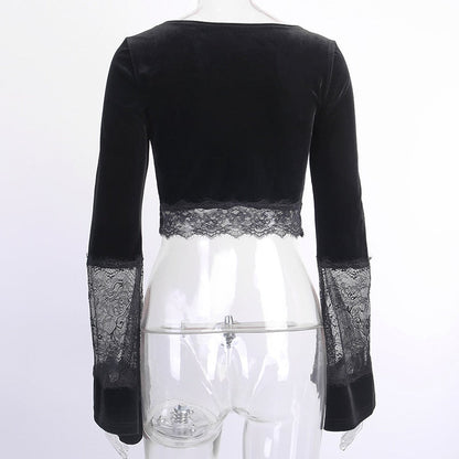 Ins Goth Sexy Women Gothic Crop Top Flare Long Sleeve Lace Hollow Out Black  V-neck T-shirt