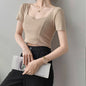 French Clavicle Square Collar Tops Women High Waist Croped Top Short Sleeve T-shirt Female