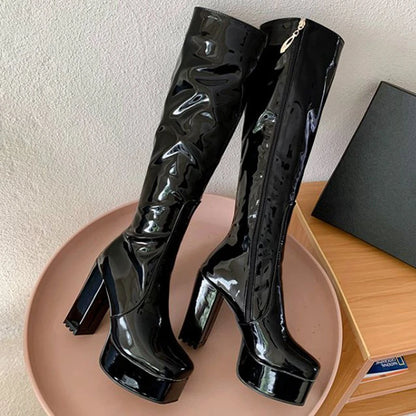SIMLOVEYO Platform Knee High Boots Toe Block Heels Rubber Size 34-43 Black White Blue S2729 NovaCart