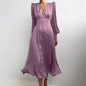 Single Breasted Dress High Waist Satin Long Dress V Neck Women Midi Dresses Lantern Sleeve