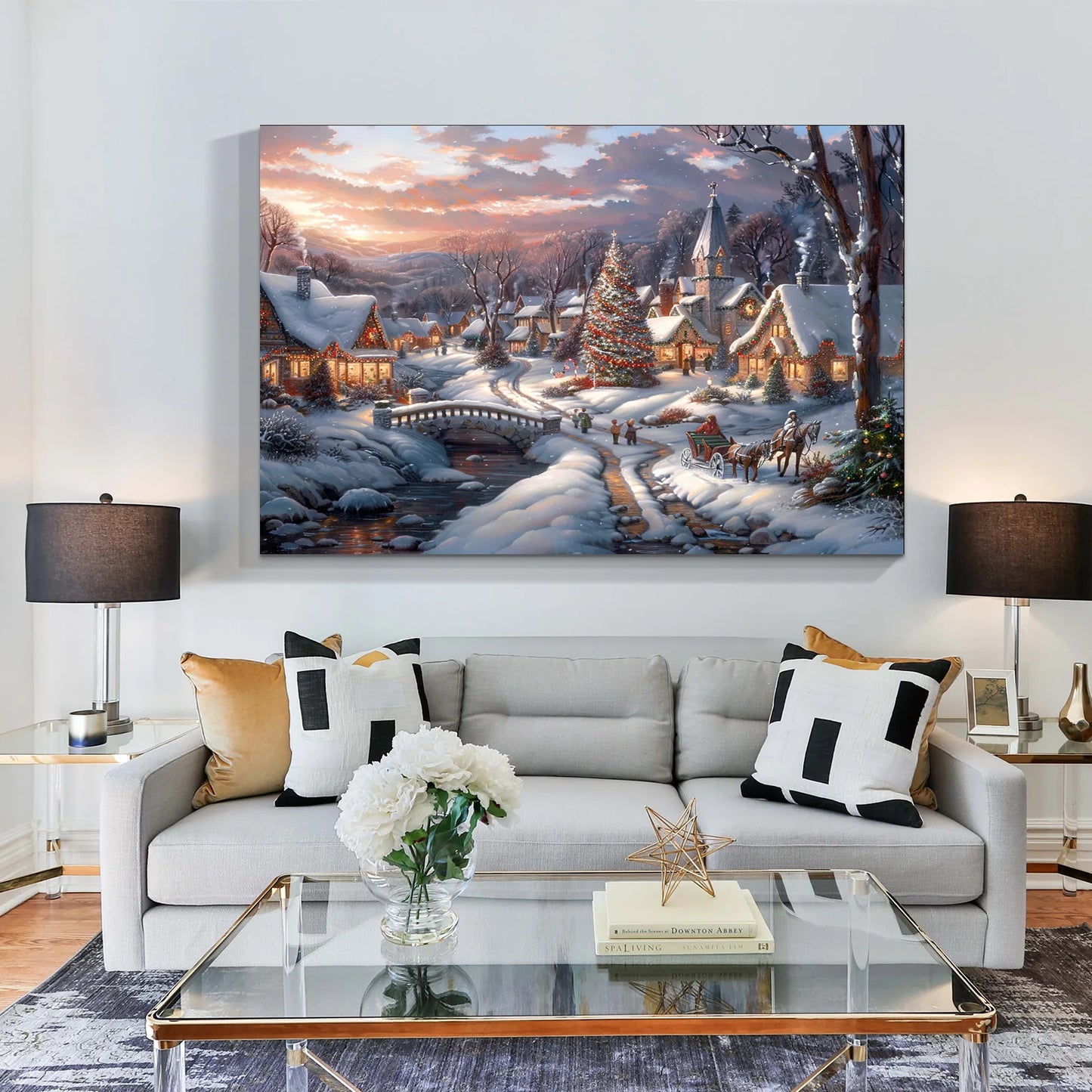 Winter Christmas Scene Canvas Print: Magical Snowy Village & Tree, Unique Wall Art Perfect for Home Hanging Printing Decoration NovaCart