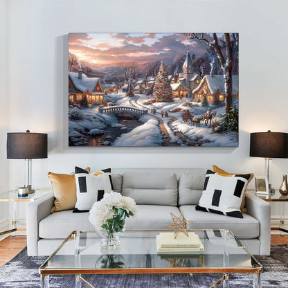 Winter Christmas Scene Canvas Print: Magical Snowy Village & Tree, Unique Wall Art Perfect for Home Hanging Printing Decoration NovaCart