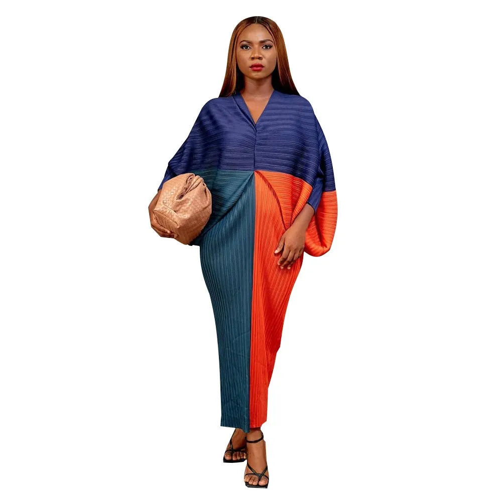 Hot Selling V-neck Bat Sleeve Printed Pleated Dress Stretch Fabric Dresses