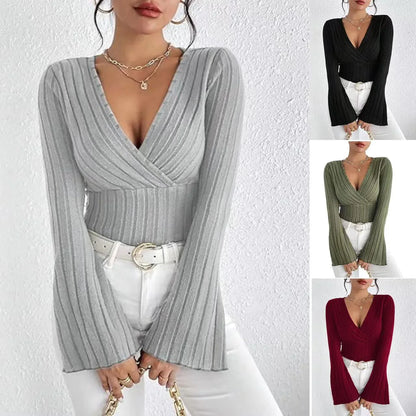 Ribbed V-Neck Slim-Fit Long Sleeve Top