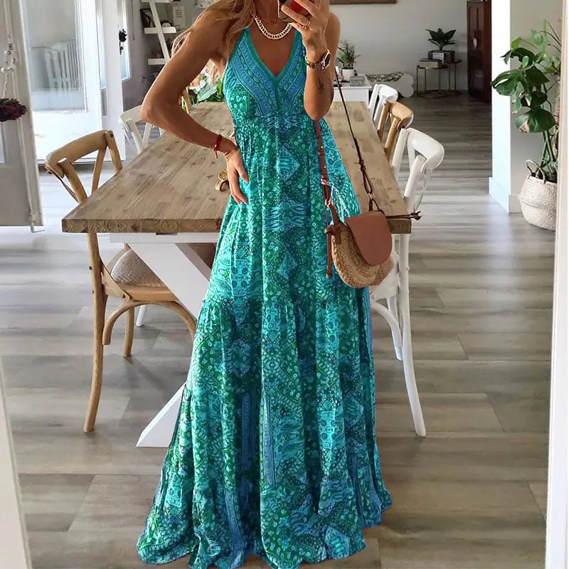 Bohemian High Waisted V-neck Floral Dress