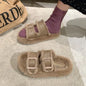 Women's Furry Fleece-lined Cotton Slippers with Belt Buckle