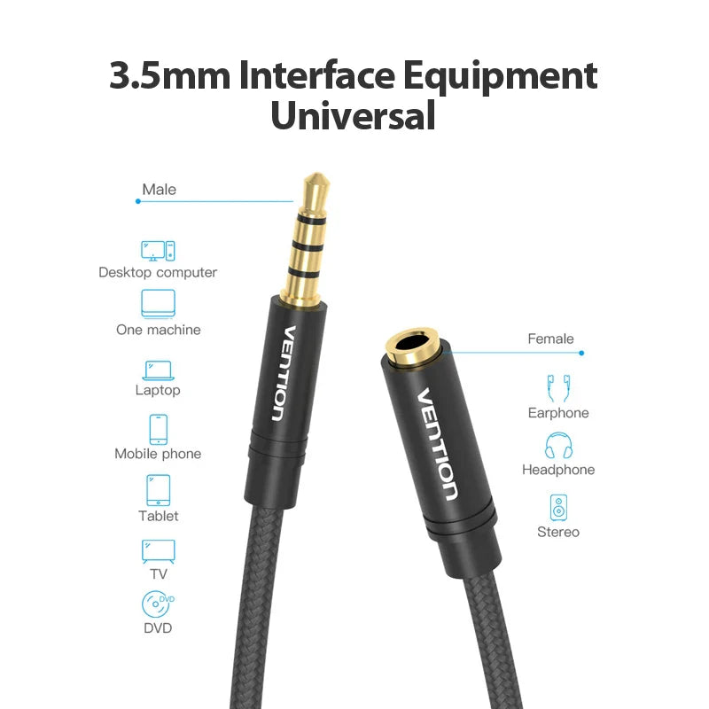 Vention Jack 3.5 Aux Extension Cable for Car Laptop Mini PC TV Xiaomi Huawei Stereo 3.5 mm Jack Headphone Speaker Cable Auxiliar Pi-Mart