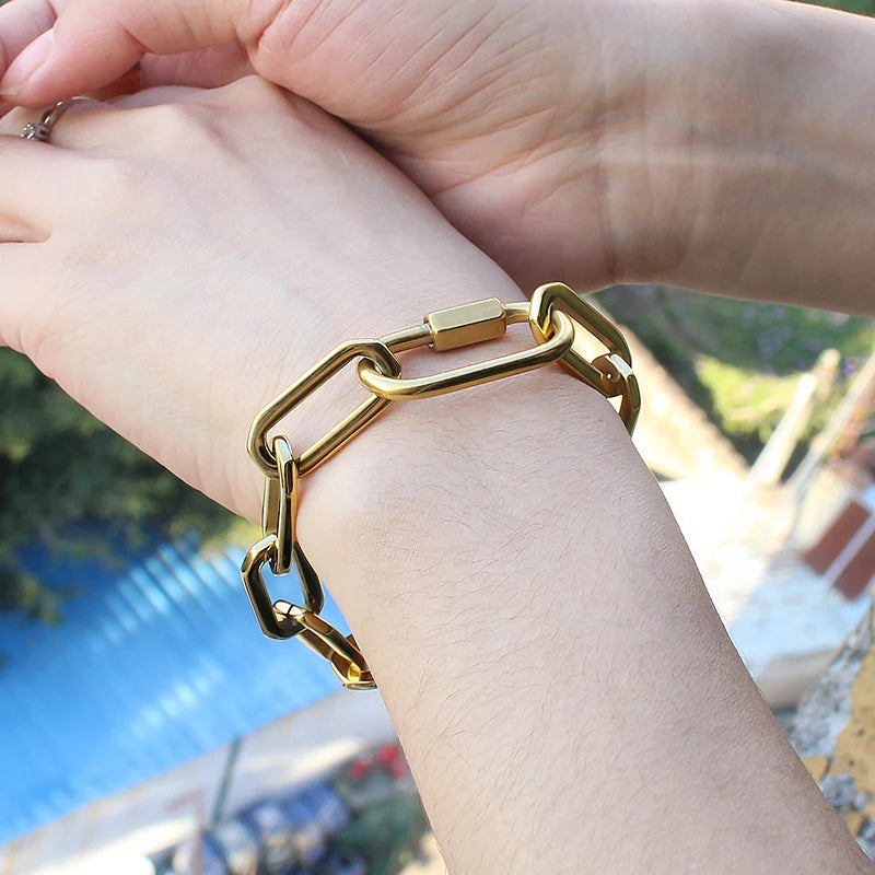 Gold Color Big Carabiner Lock Clasp Chain Link Charm Femme Bracelet for Women Handmade Statement Bracelet Necklace Sets NovaCart