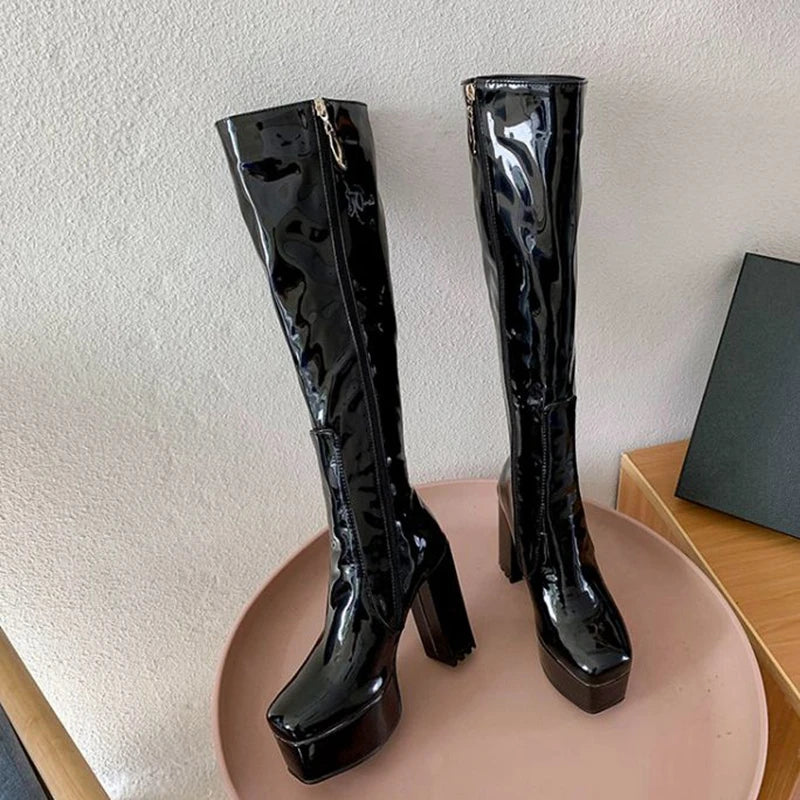 SIMLOVEYO Platform Knee High Boots Toe Block Heels Rubber Size 34-43 Black White Blue S2729 NovaCart