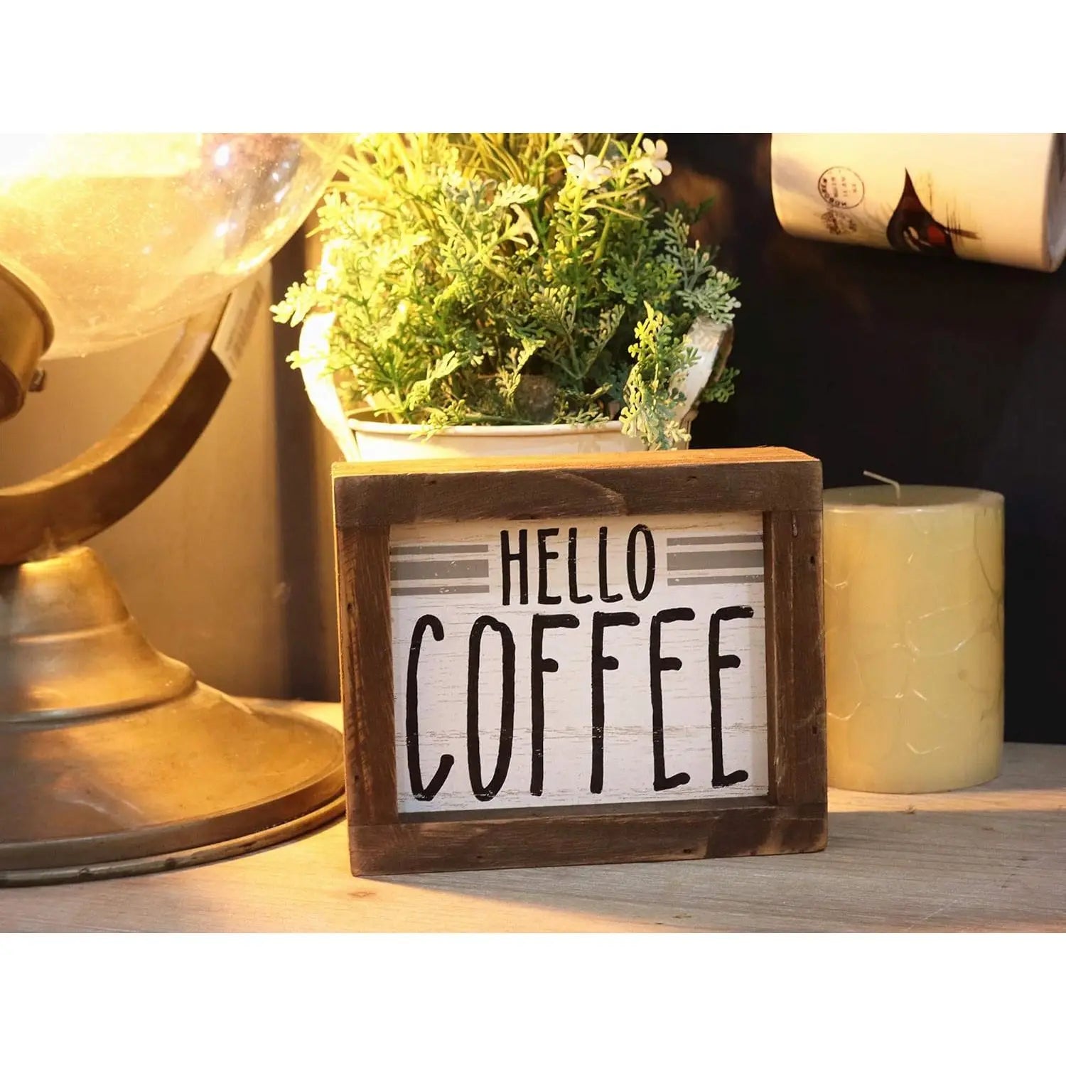 Parisloft Hello Coffee Barn Wood Small Box Sign for Kitchen Decor Coffee Bar, Rustic Wooden Coffee Sign Plaque Freestanding Farm NovaCart