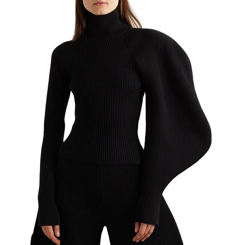 2023 Women's Casual Knitted Sweater Turtleneck with Lantern Sleeves Slimming Design for Autumn Season Front Logo NovaCart