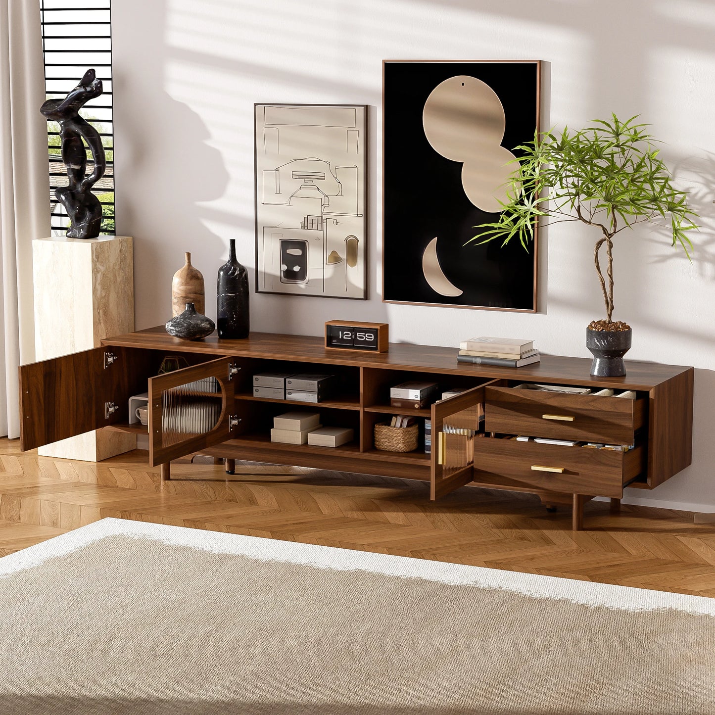 Modern Entertainment Center | 78" TV Stand for 85" TVs | 2 Drawers | Solid Wood Legs | Cable Management NovaCart