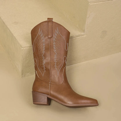 Autumn Winter 2026 Western Cowboy Boots All-in-one Adult Women's Embroidered Sleeve Rider Motorcycle Fashion Mid-calf Boots NovaCart