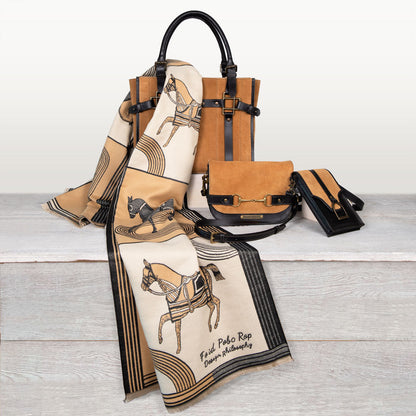 Saratoga- Horse Bit Crossbody Luxury Leather Handbag in Black on Chestnut Urban-Equestrian