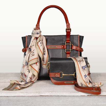 Saratoga- Horse Bit Crossbody Luxury Leather Handbag in Cognac on Black Urban-Equestrian