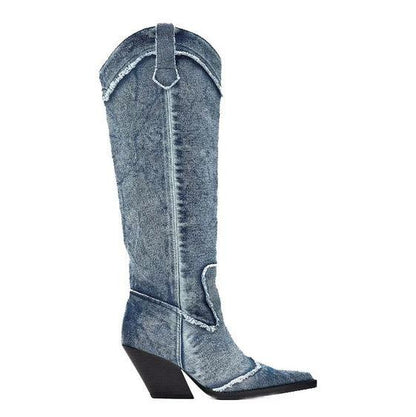Handcrafted Distressed Denim Knee-High Boots Country in My Heart